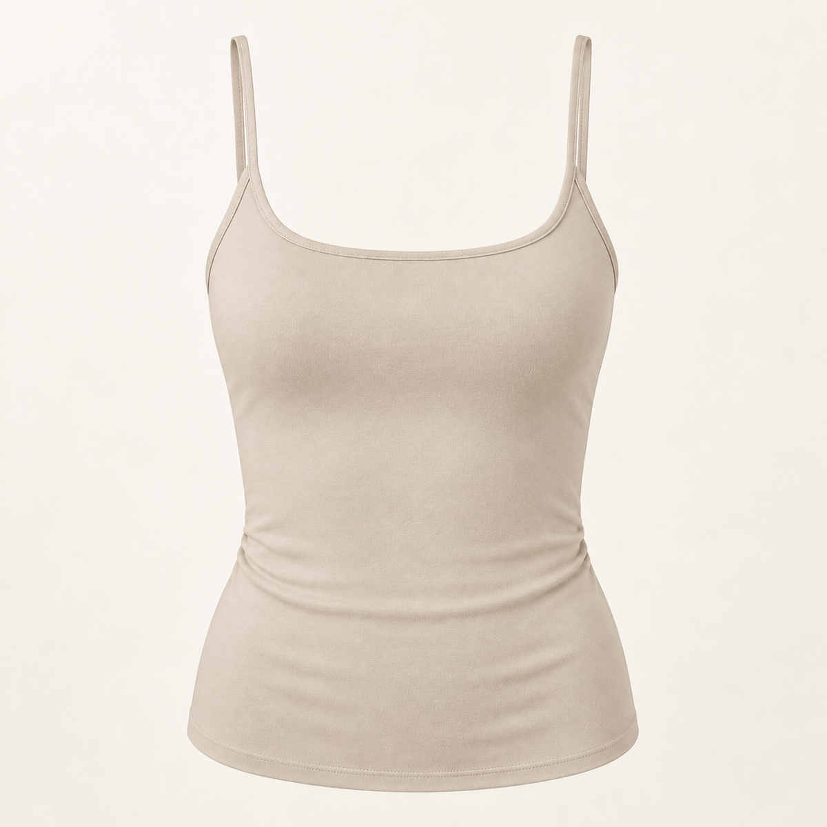 Beige fitted scoop-neck spaghetti-strap camisole, front view