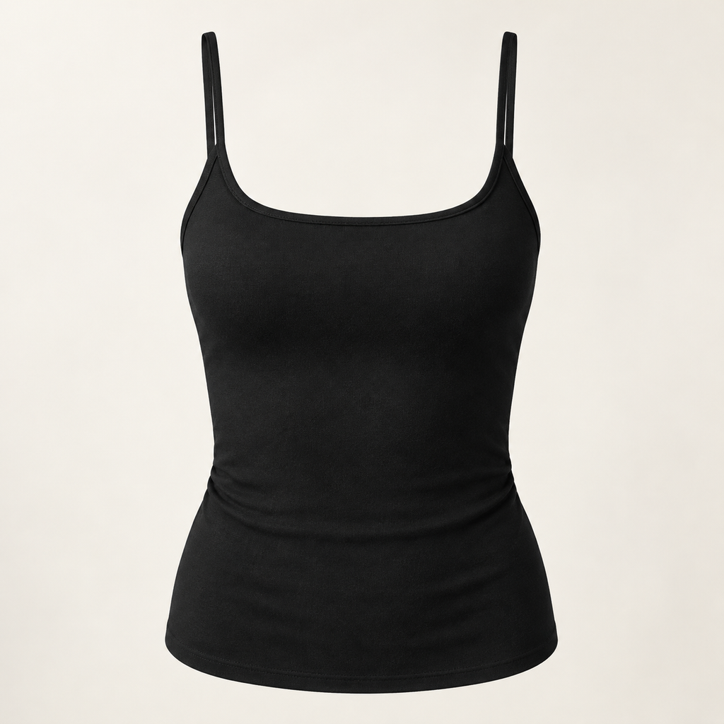 Black fitted scoop-neck spaghetti-strap camisole, front view