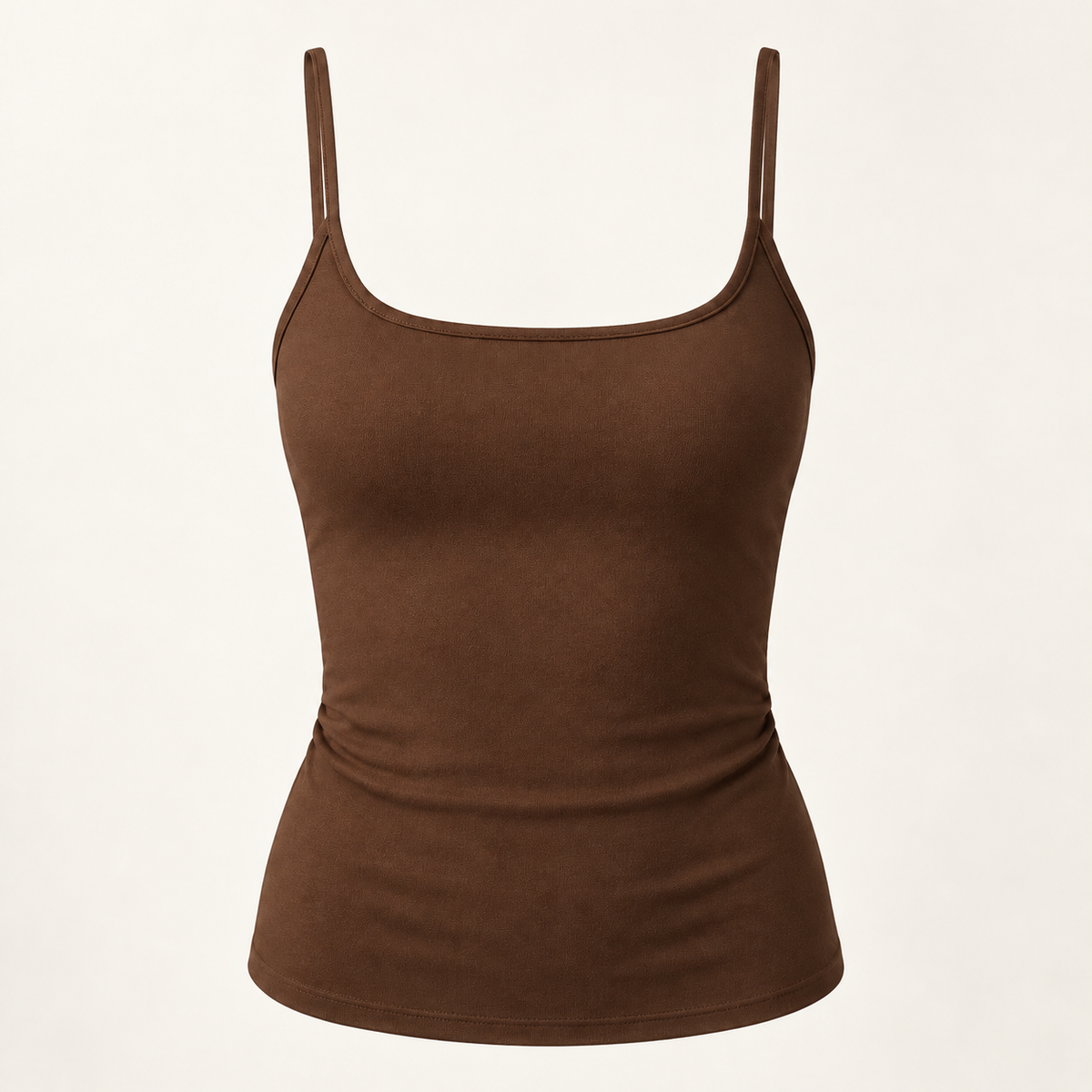 Brown fitted scoop-neck spaghetti-strap camisole, front view