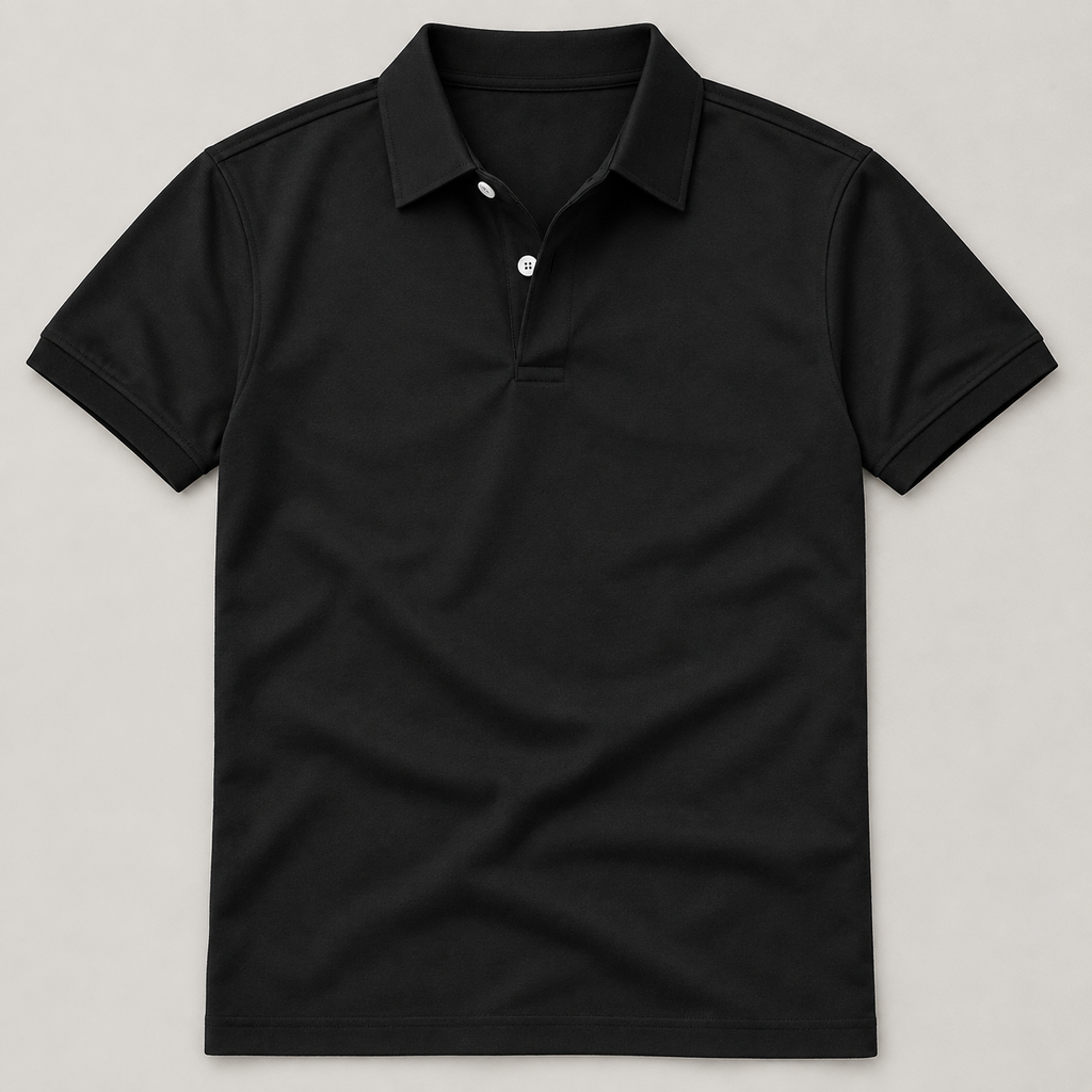 Black plain polo shirt front flat lay; AI-generated styling image