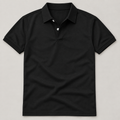 Black plain polo shirt front flat lay; AI-generated styling image
