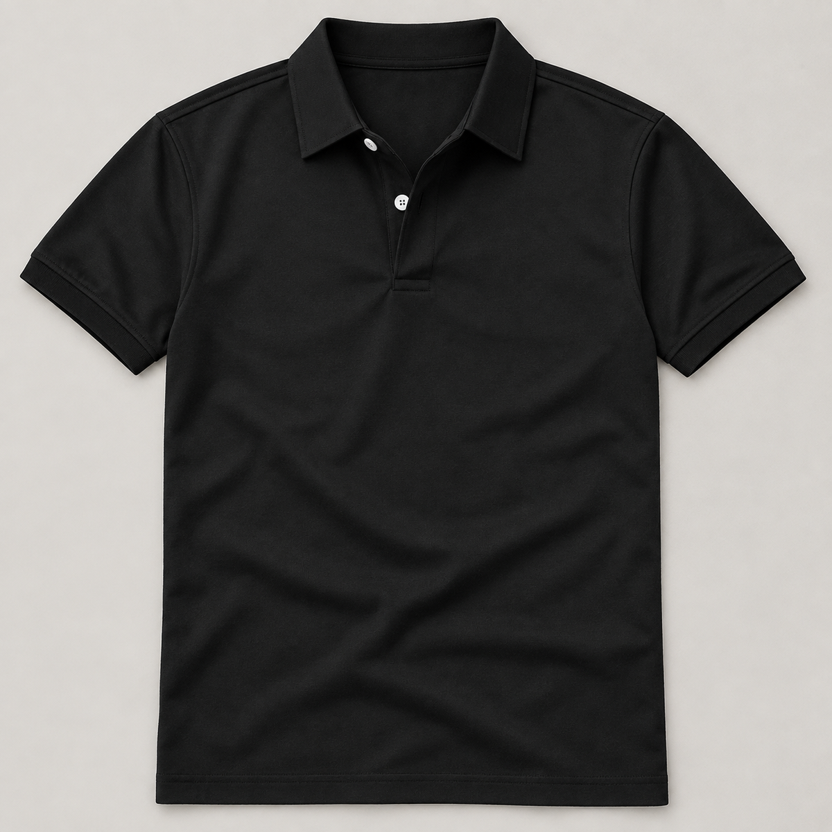 Black plain polo shirt front flat lay; AI-generated styling image