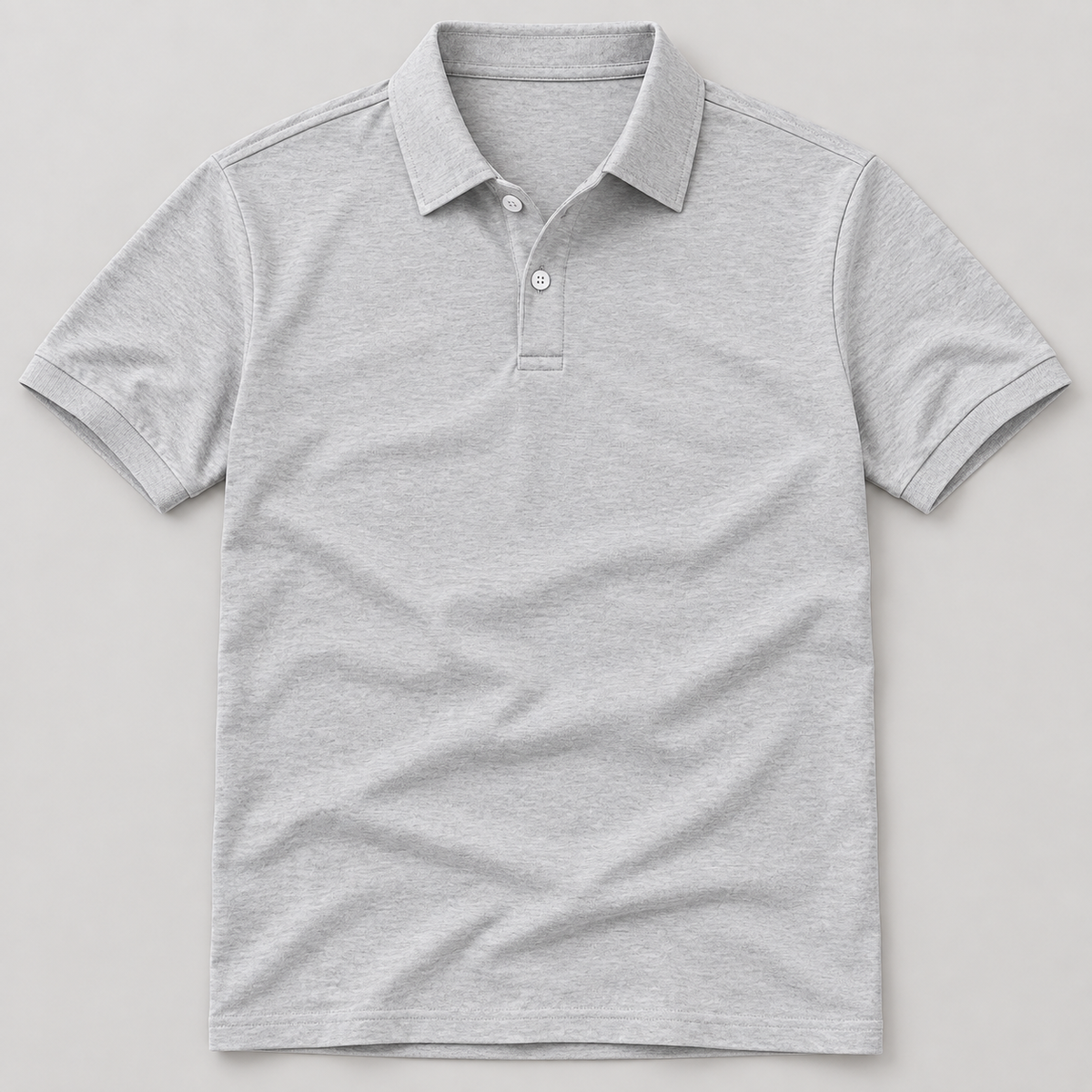 Gray plain polo shirt front flat lay; AI-generated styling image
