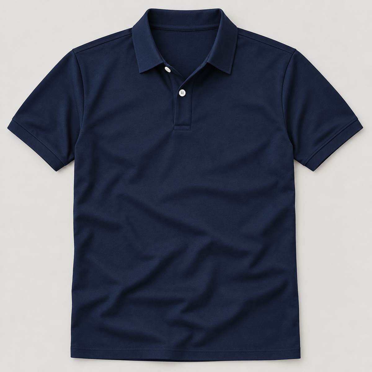 Navy plain polo shirt front flat lay; AI-generated styling image