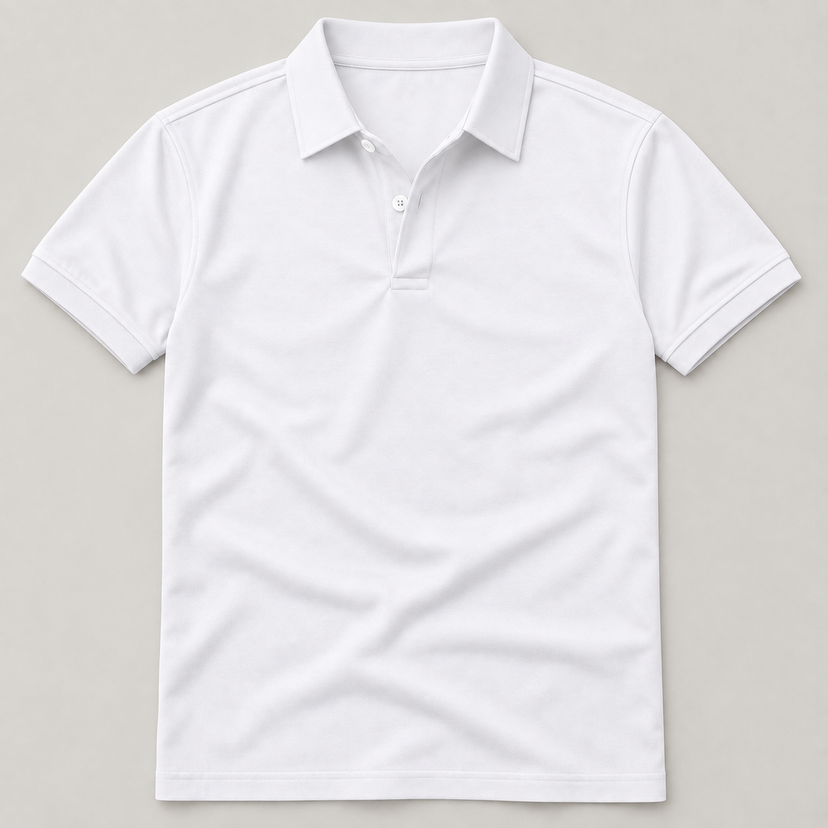White plain polo shirt front flat lay; AI-generated styling image