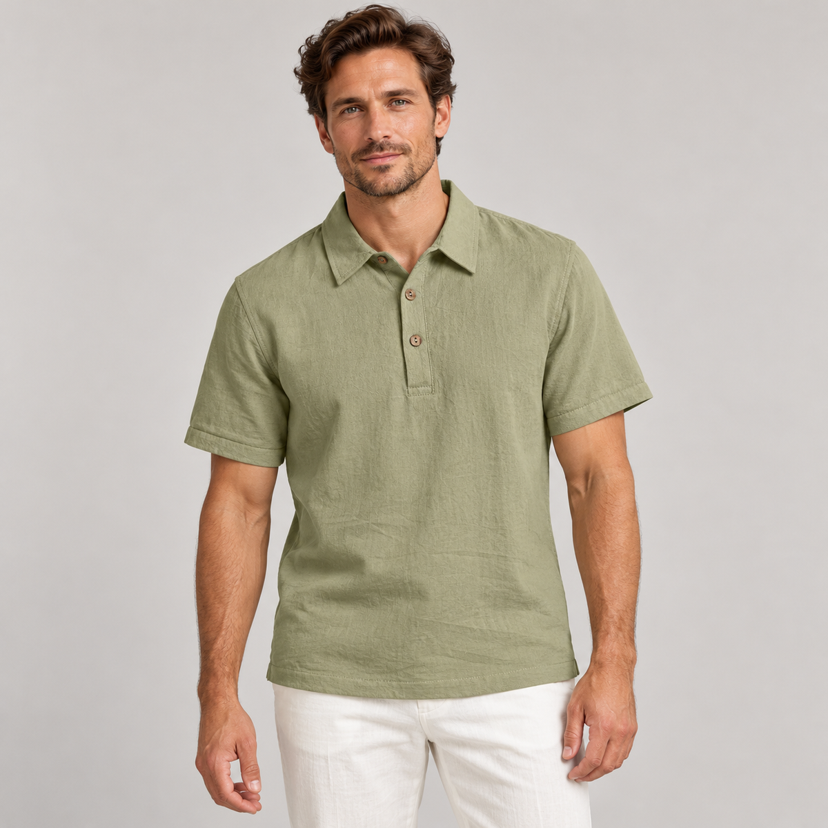 AZUKI olive green linen-blend short sleeve polo, front model view
