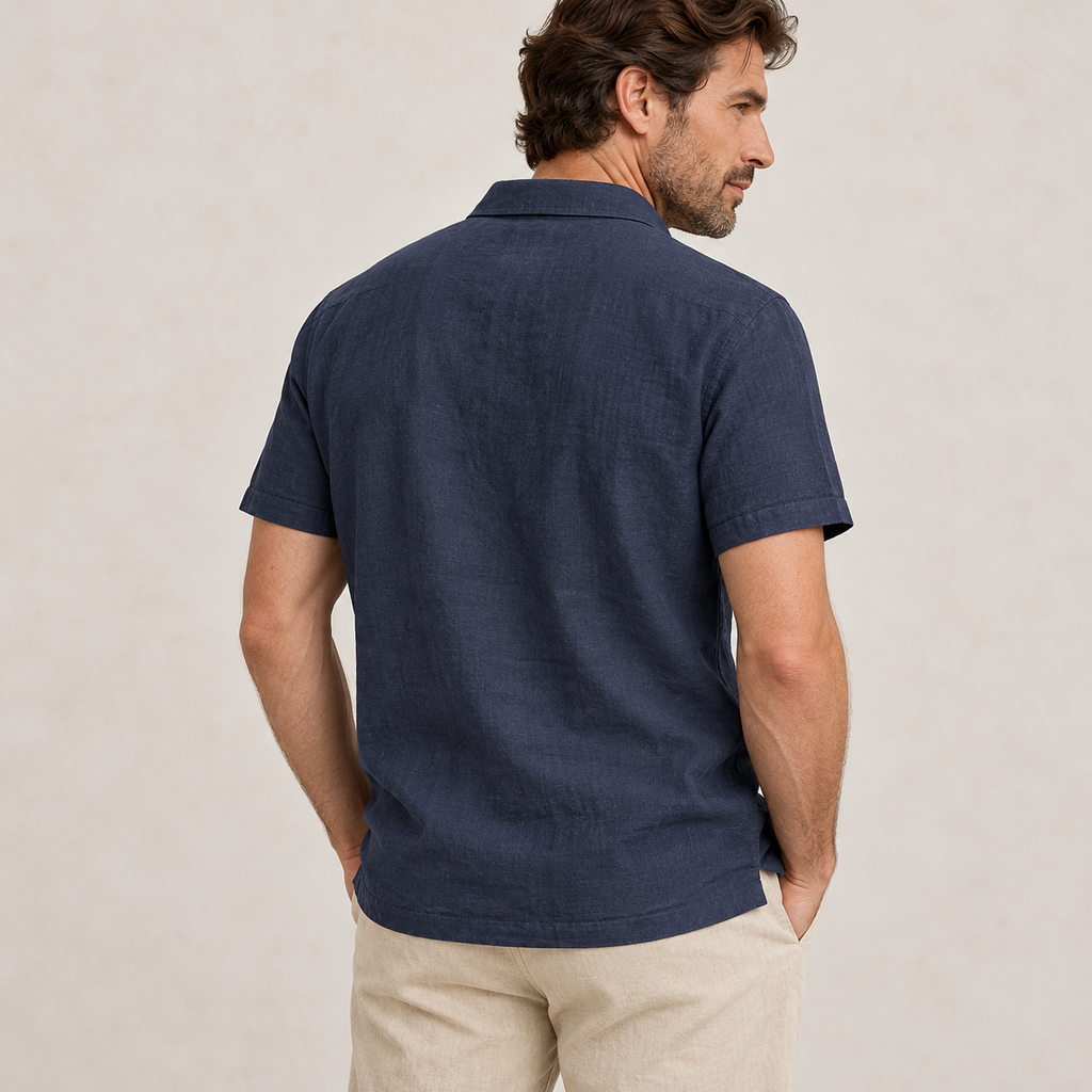 AZUKI navy blue linen-blend polo, rear model view
