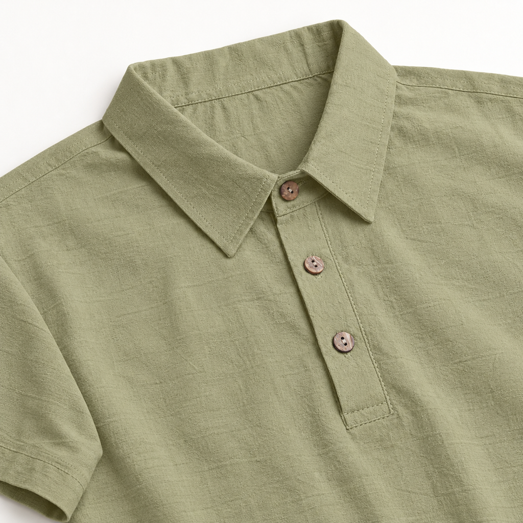 AZUKI olive green three-button linen-blend collar detail
