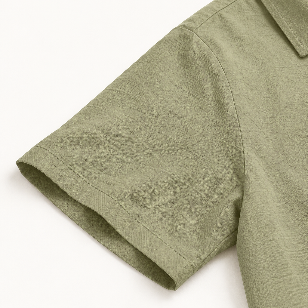 AZUKI olive green linen-blend polo simple sleeve hem