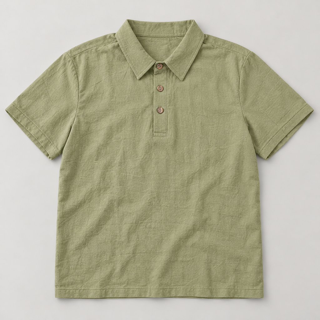 AZUKI olive green linen-blend polo, flat lay