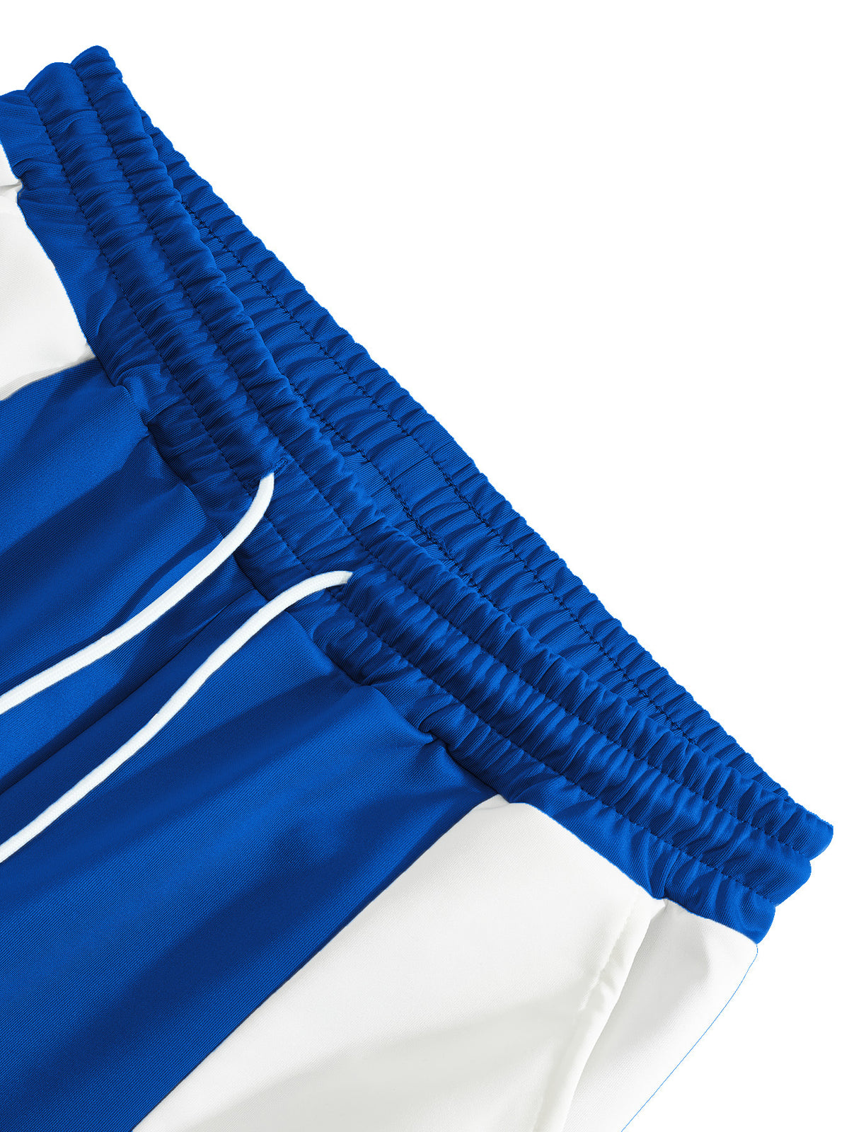 Original close-up of the blue elastic waistband, white drawstring and stitched drawstring openings