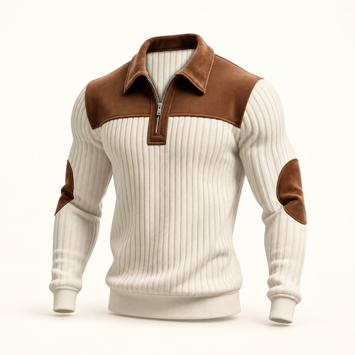 AZUKI off-white color-block ribbed long-sleeve half-zip polo with brown trim