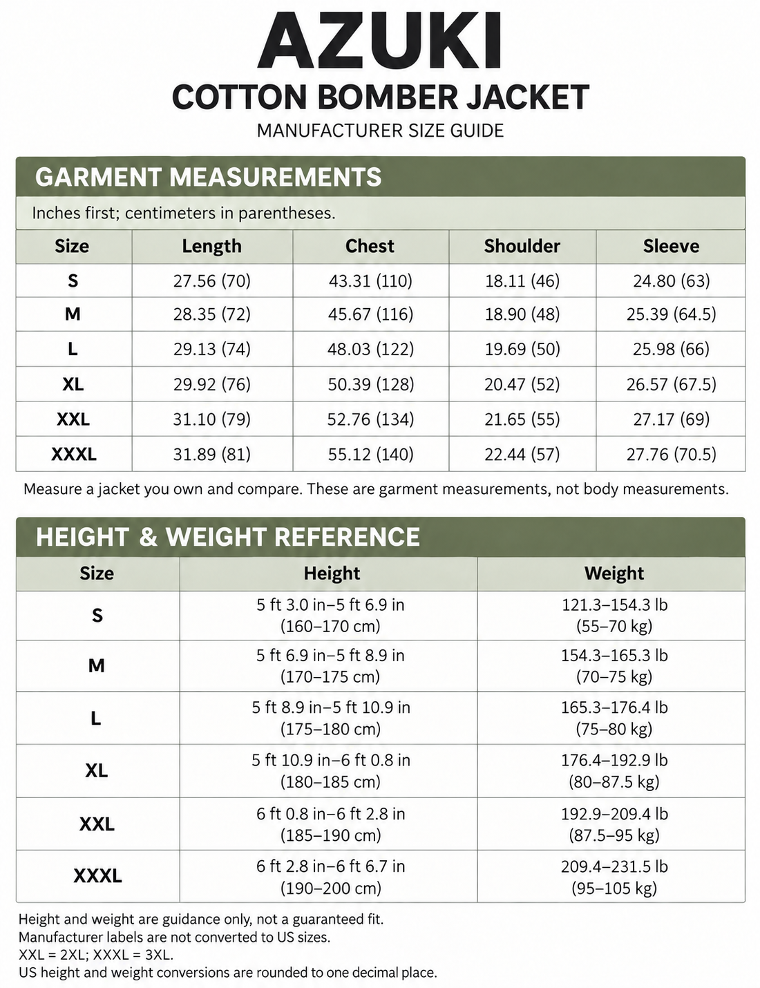 AZUKI cotton bomber jacket manufacturer size chart: garment length, chest circumference, shoulder and sleeve in inches and centimeters; height in feet/inches and centimeters and weight in pounds and kilograms, S–XXXL.