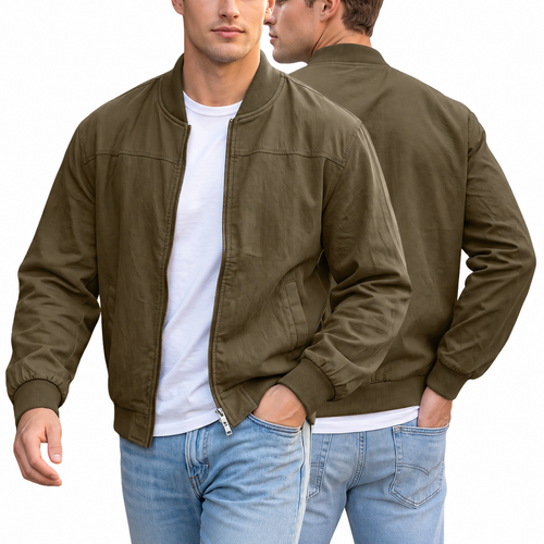 AZUKI men's olive-brown zip-front bomber jacket, front and back on adult models