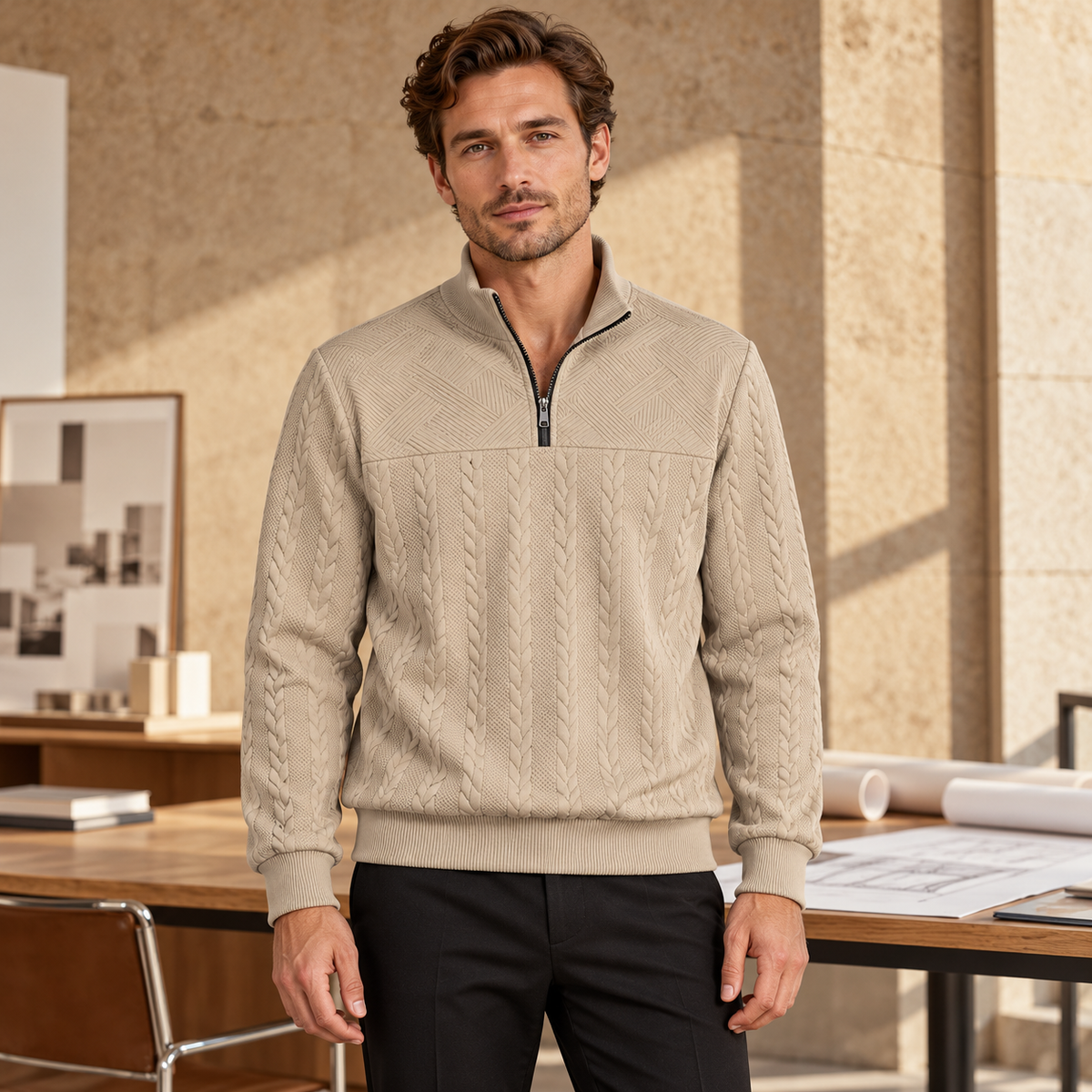 AZUKI men's khaki quarter-zip jacquard pullover, modeled front view