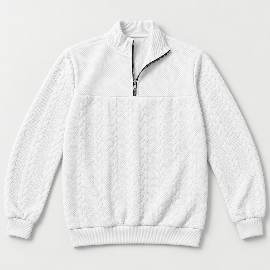 AZUKI men's white quarter-zip jacquard pullover, front view