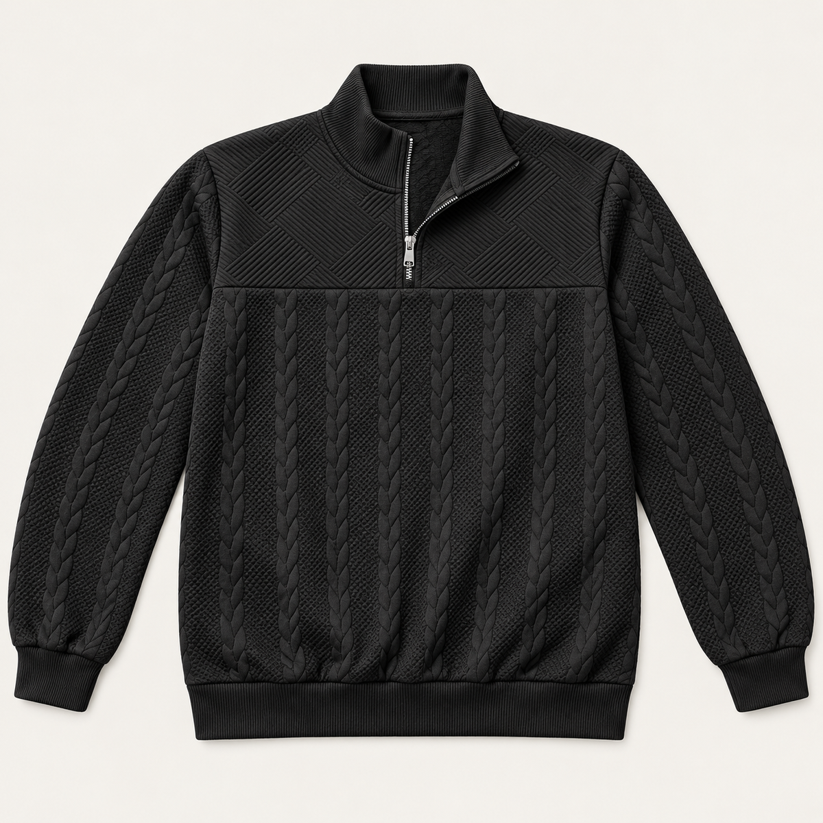 AZUKI men's black quarter-zip jacquard pullover, front view