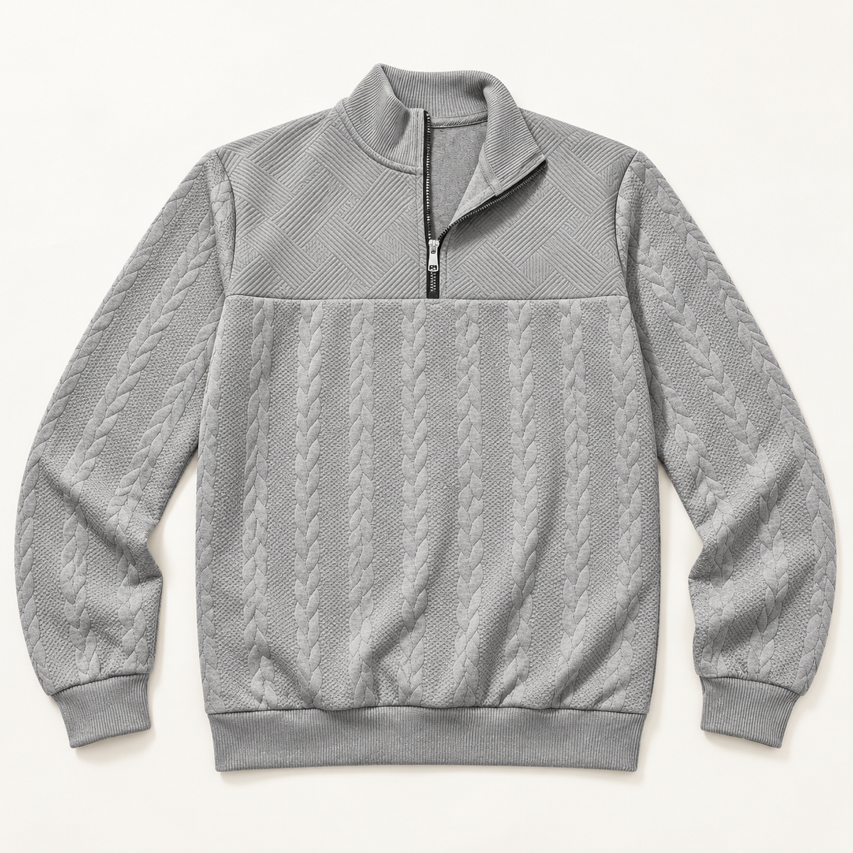 AZUKI men's gray quarter-zip jacquard pullover, front view