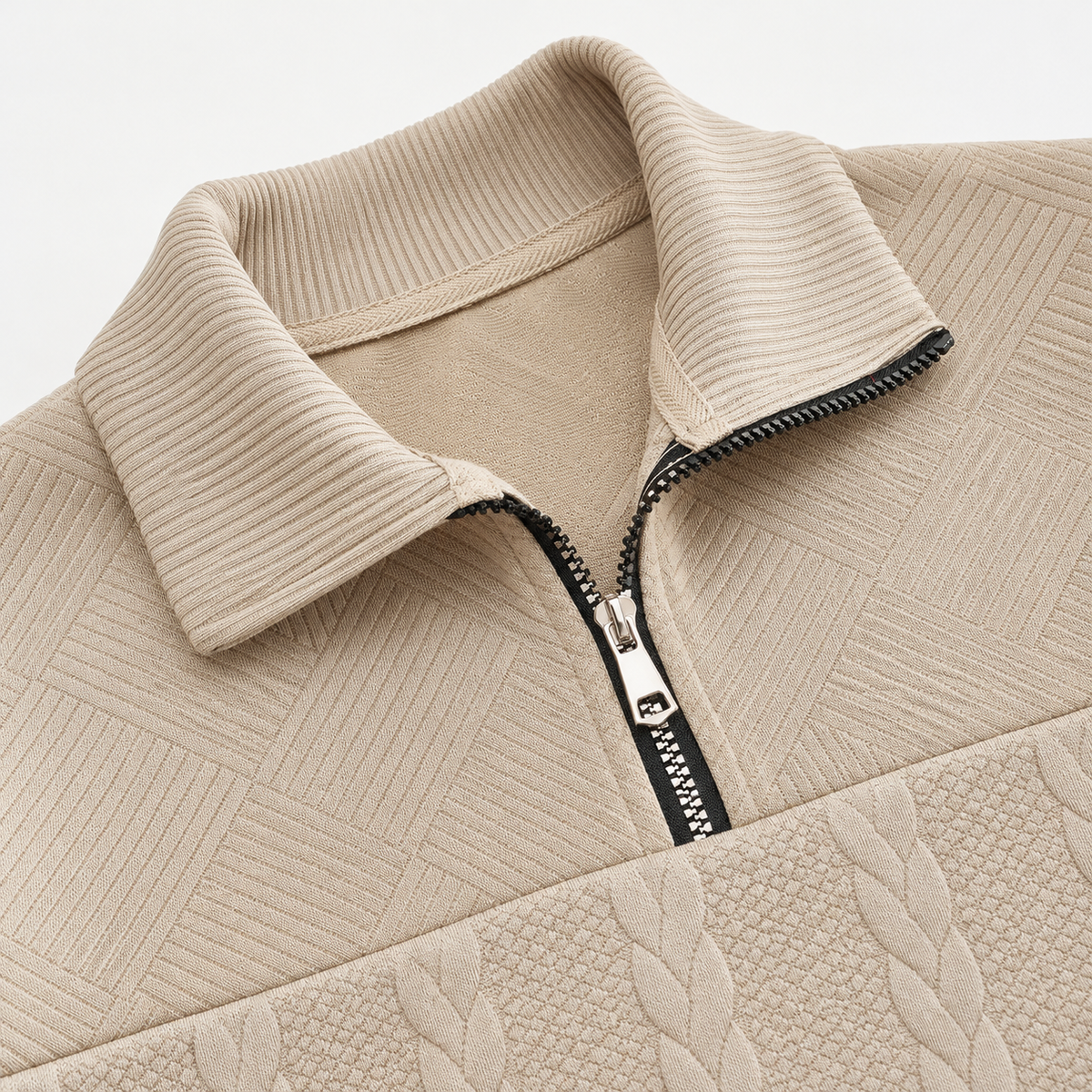 AZUKI khaki quarter-zip collar and geometric jacquard detail