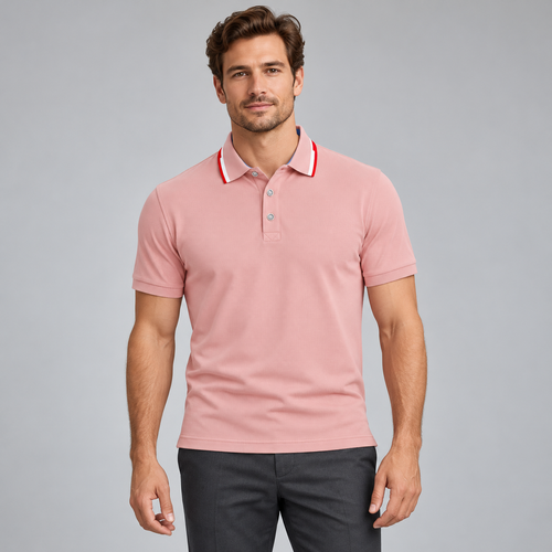 AZUKI pink contrast-tipped short sleeve polo, front model view