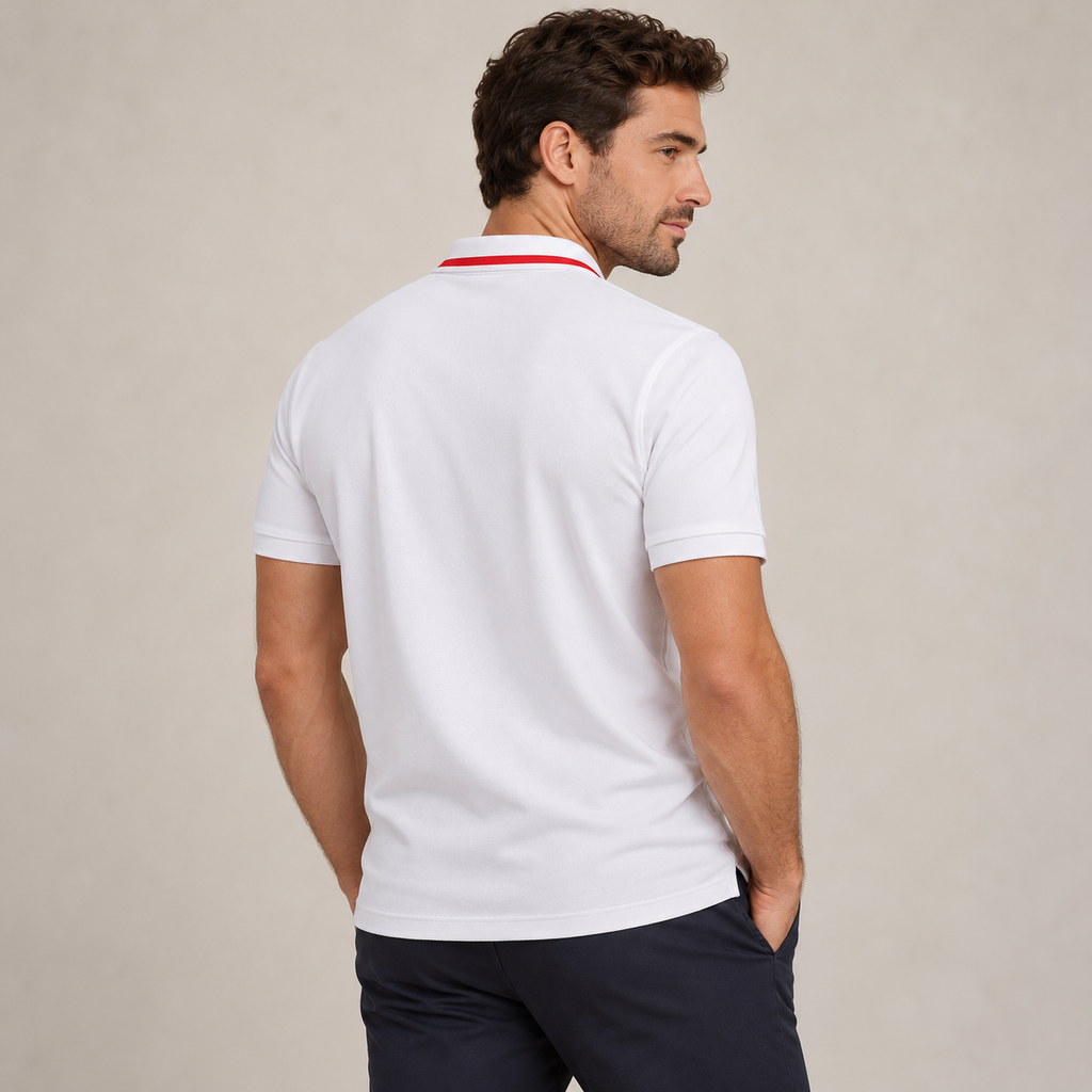 AZUKI white contrast-tipped polo, rear model view