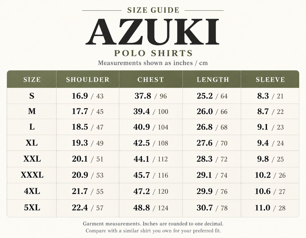 AZUKI polo shirt size guide, S to 5XL, inches and centimeters
