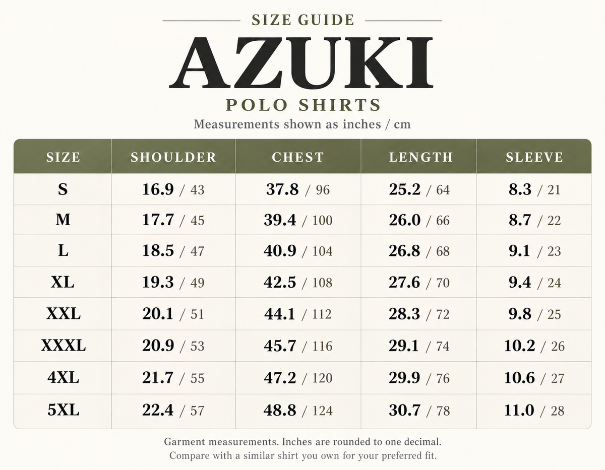 AZUKI polo shirt size guide, S to 5XL, inches and centimeters
