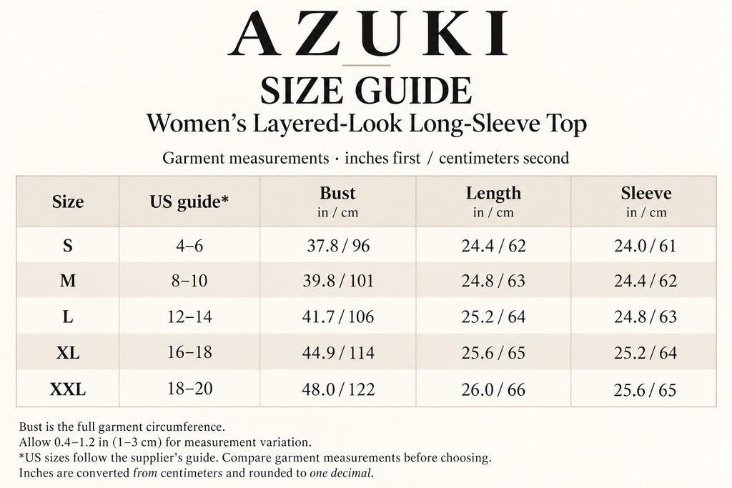 AZUKI size guide: S–XXL garment bust, length and sleeve measurements in inches and centimeters, with supplier US size guide