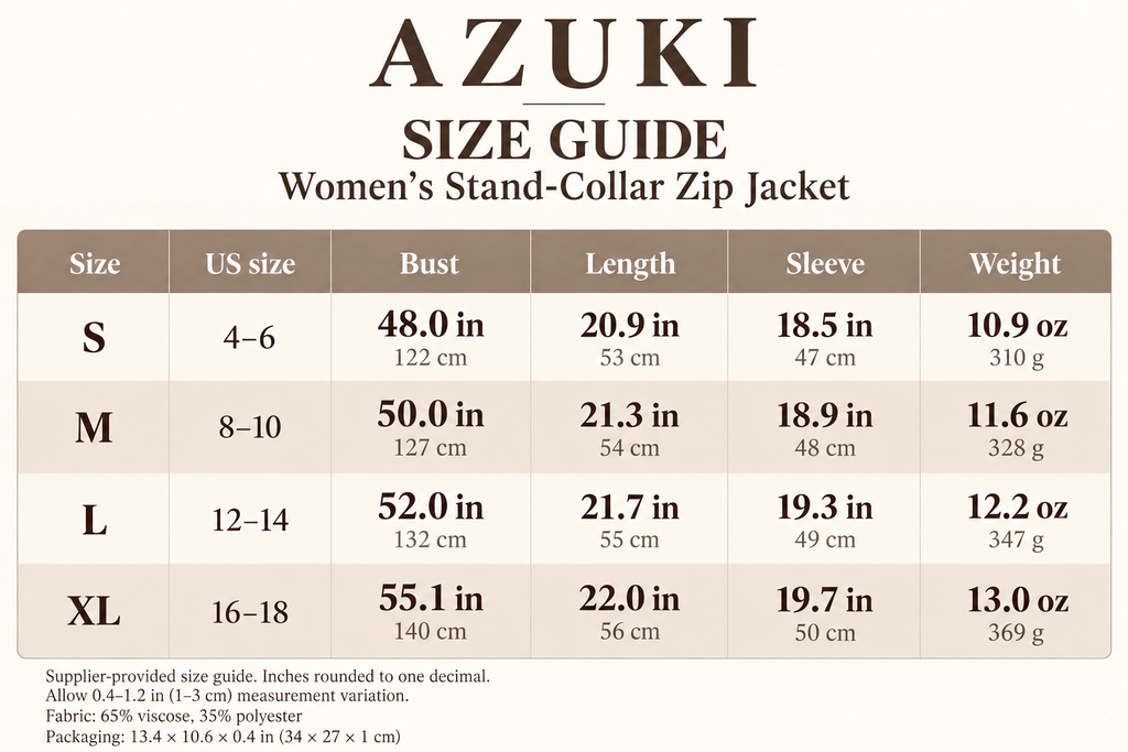 AZUKI size guide, S to XL, supplier US sizes, bust, length and sleeve measurements in inches and centimeters