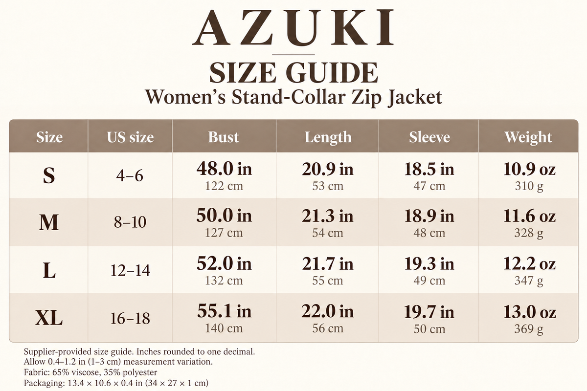 AZUKI size guide, S to XL, supplier US sizes, bust, length and sleeve measurements in inches and centimeters