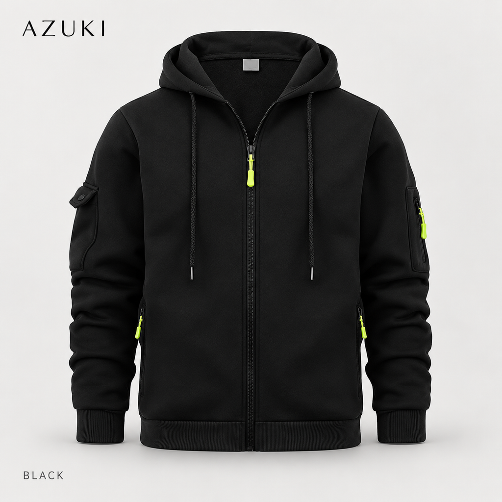 AZUKI Black full-zip hoodie with yellow-green pull tabs, drawstring hood, separate flap and zipper sleeve pockets, front product view