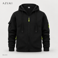 AZUKI Black full-zip hoodie with yellow-green pull tabs, drawstring hood, separate flap and zipper sleeve pockets, front product view
