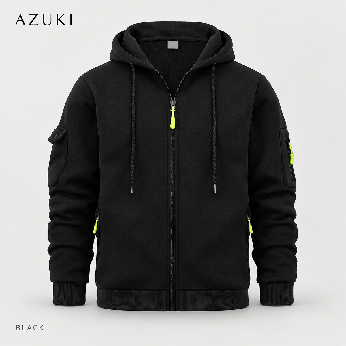AZUKI Black full-zip hoodie with yellow-green pull tabs, drawstring hood, separate flap and zipper sleeve pockets, front product view