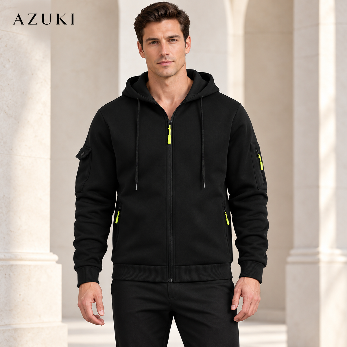 AZUKI Black full-zip hoodie shown on a synthetic adult male model in a professional studio campaign