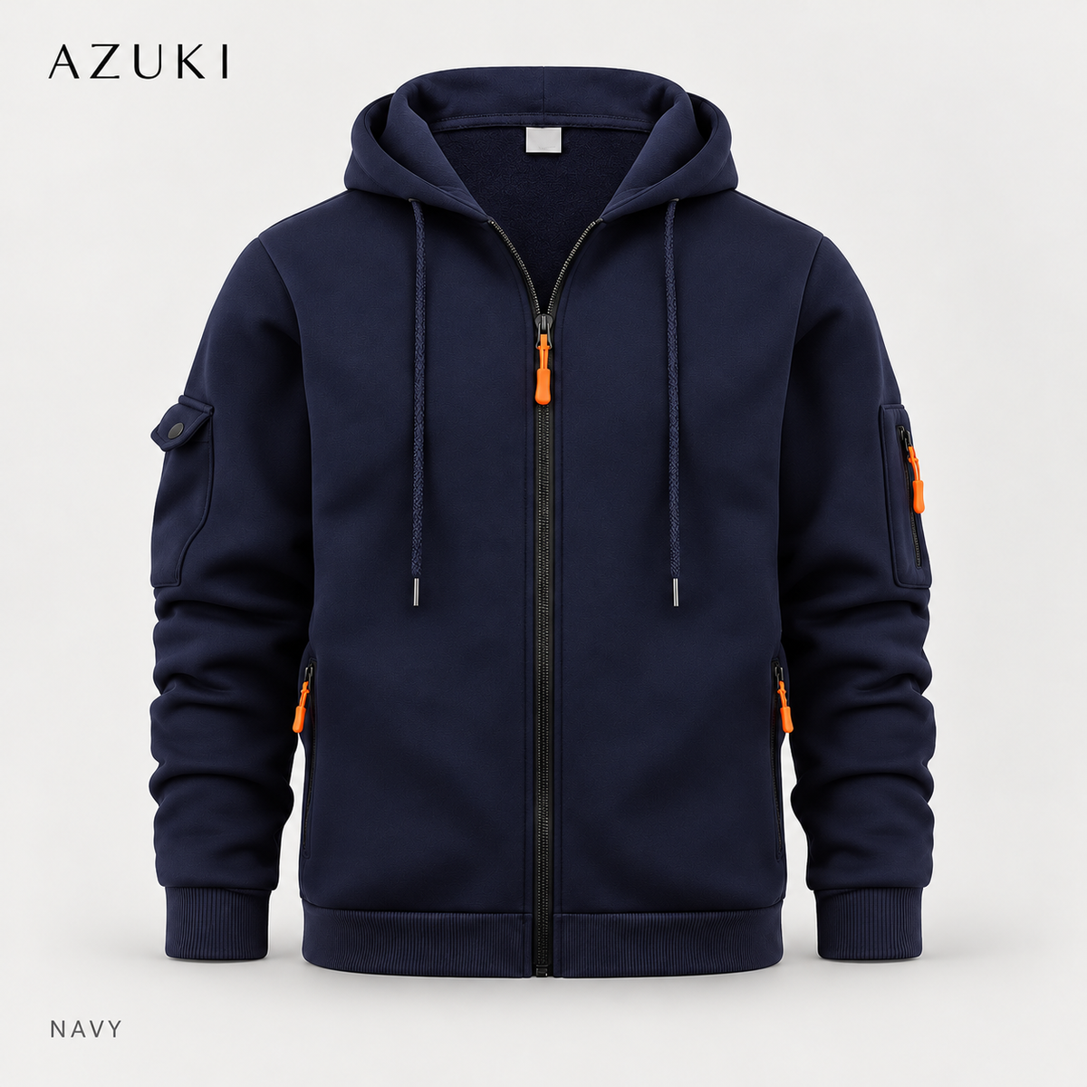 AZUKI Navy full-zip hoodie with orange pull tabs, drawstring hood and separate sleeve pockets, front product view
