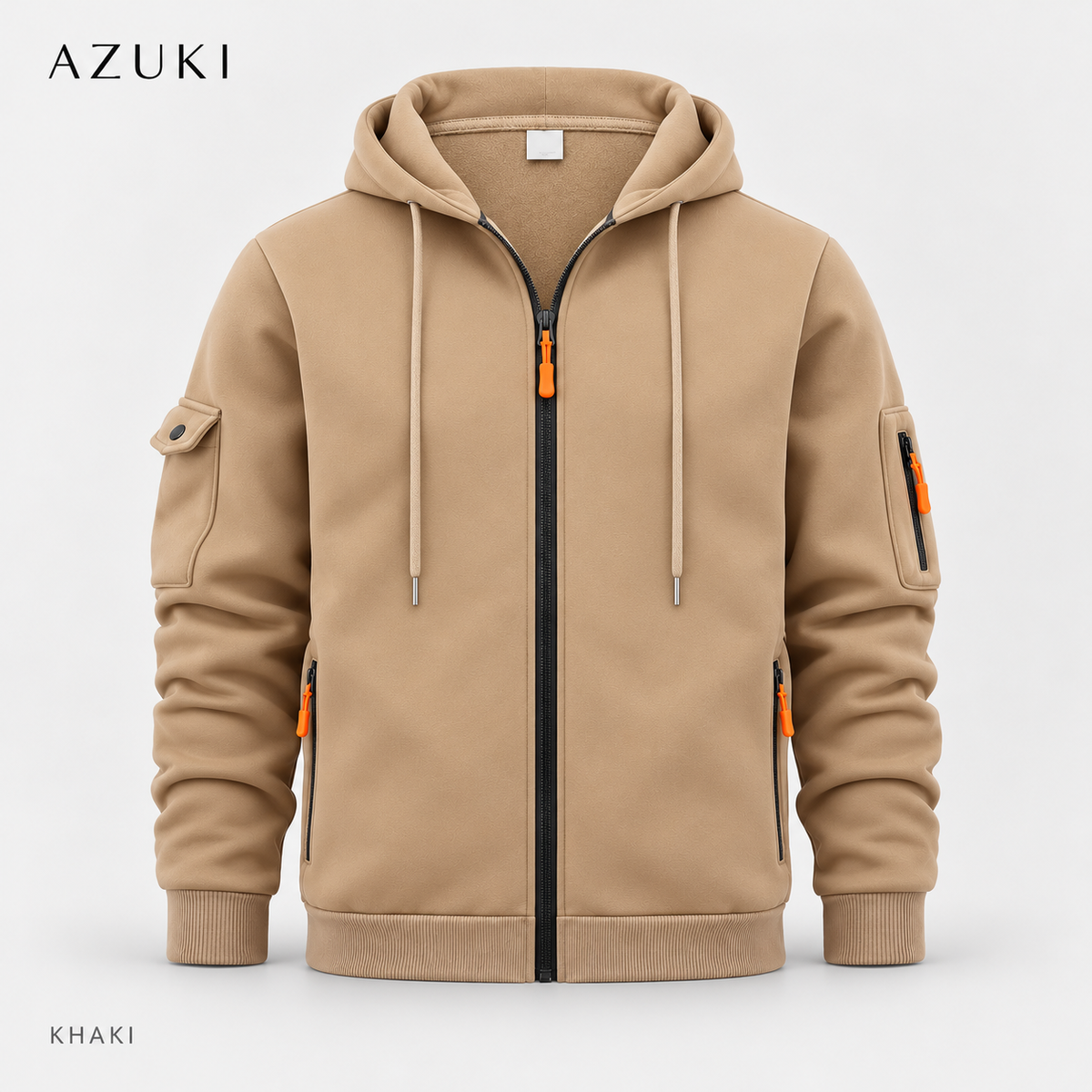 AZUKI Khaki full-zip hoodie with orange pull tabs, drawstring hood and separate sleeve pockets, front product view