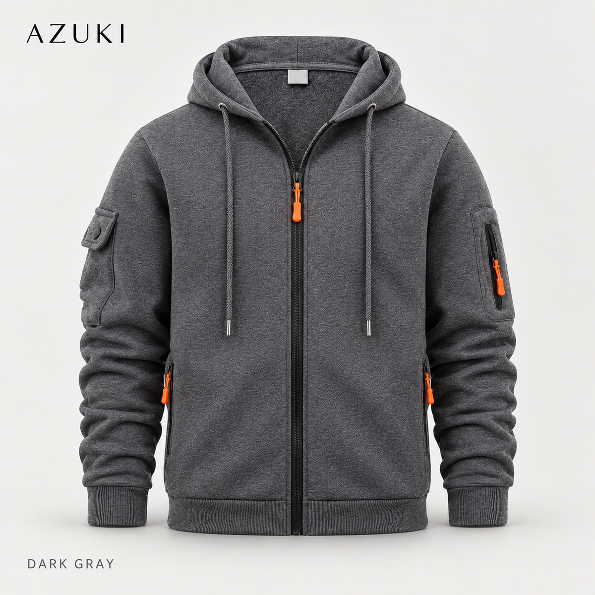 AZUKI Dark Gray heathered full-zip hoodie with orange pull tabs, drawstring hood and separate sleeve pockets, front product view