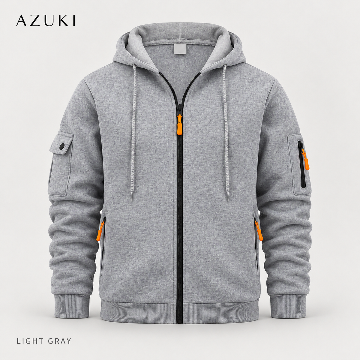 AZUKI Light Gray heathered full-zip hoodie with orange pull tabs, drawstring hood and separate sleeve pockets, front product view