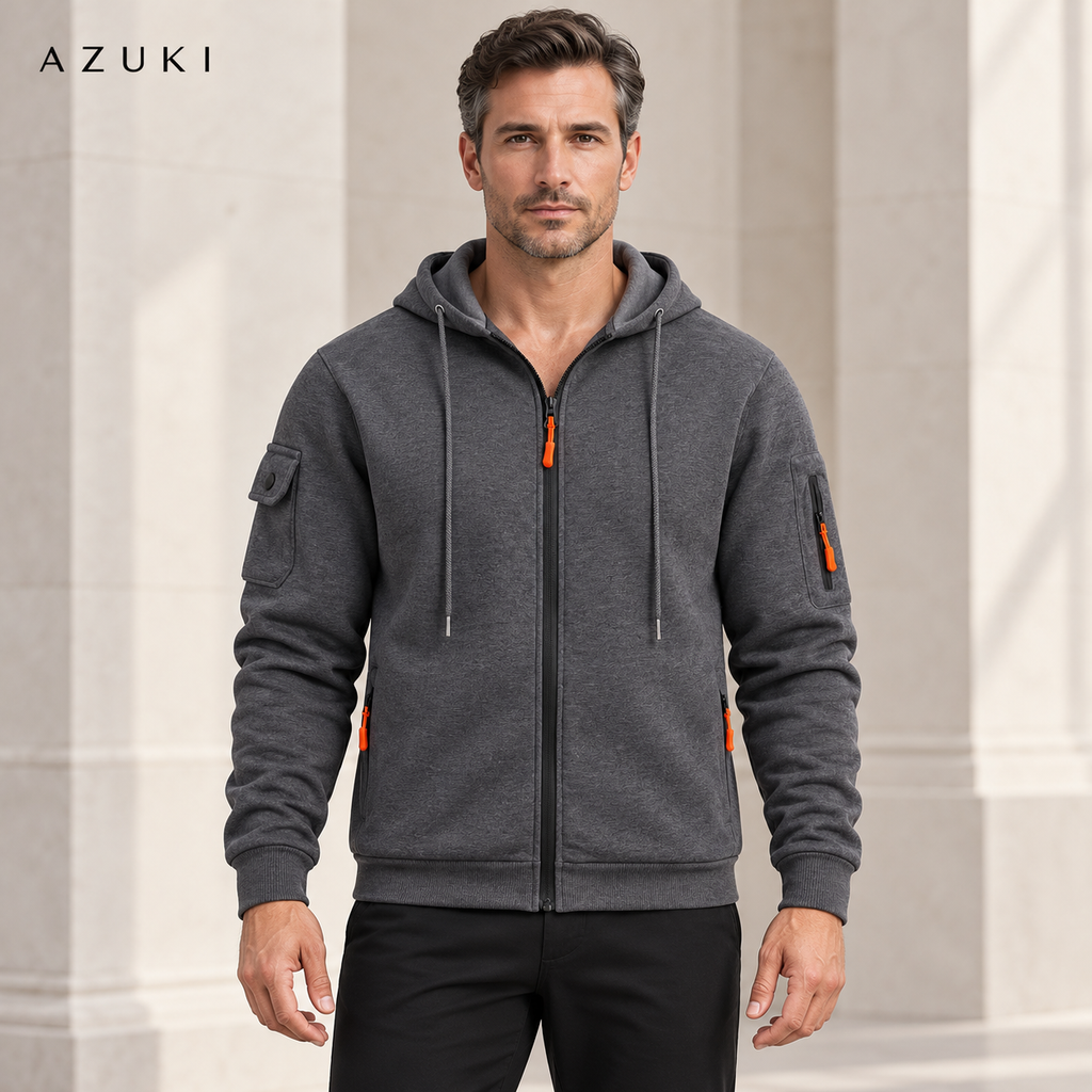 AZUKI Dark Gray full-zip hoodie shown on a synthetic adult male model in a professional studio campaign