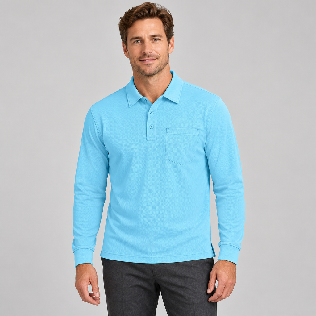 AZUKI light blue long-sleeve birdseye pocket polo — hero