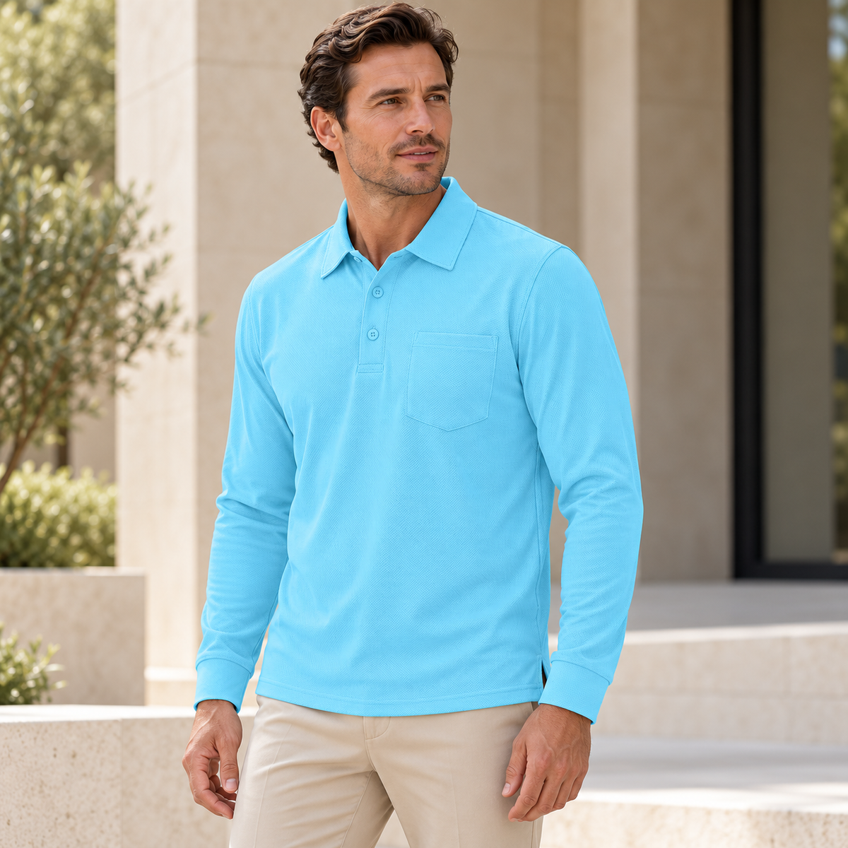 AZUKI light blue long-sleeve birdseye pocket polo — editorial