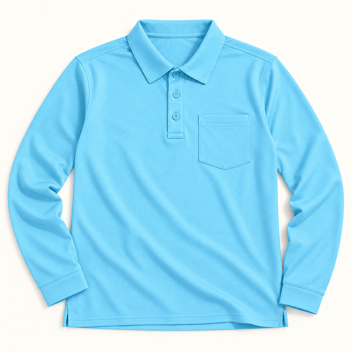 AZUKI light blue long-sleeve birdseye pocket polo — flatlay