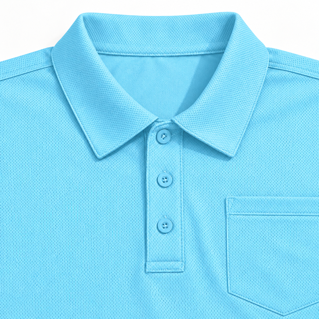 AZUKI light blue long-sleeve birdseye pocket polo — collar
