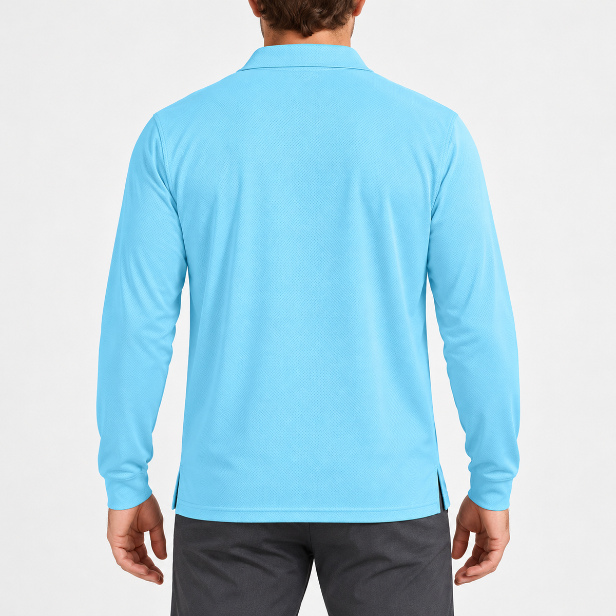 AZUKI light blue long-sleeve birdseye pocket polo — back