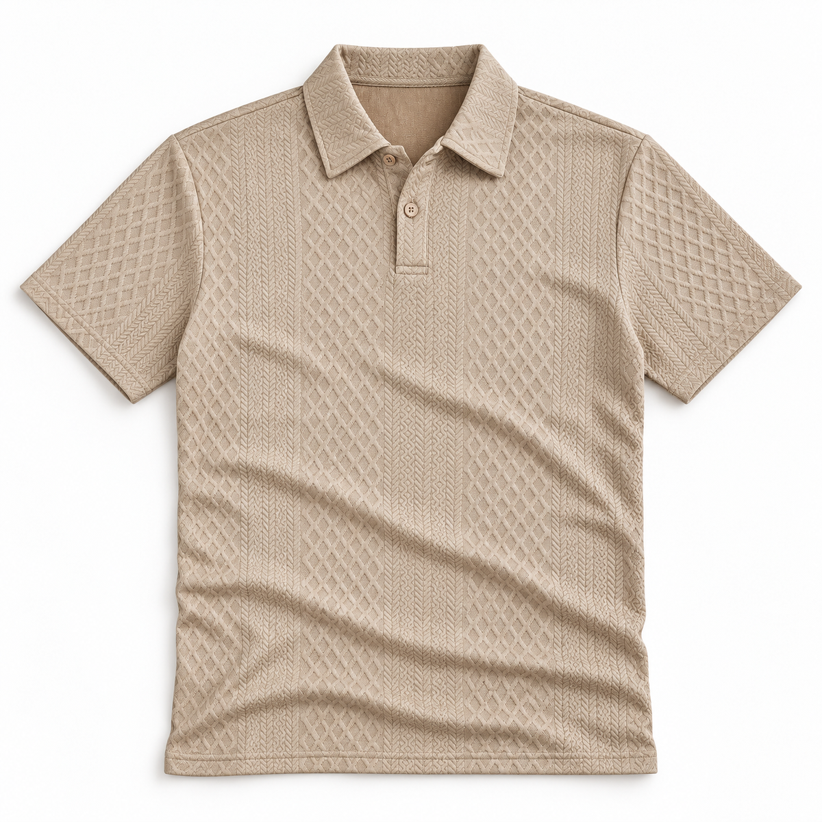 Khaki geometric jacquard two-button polo shirt, front flat lay