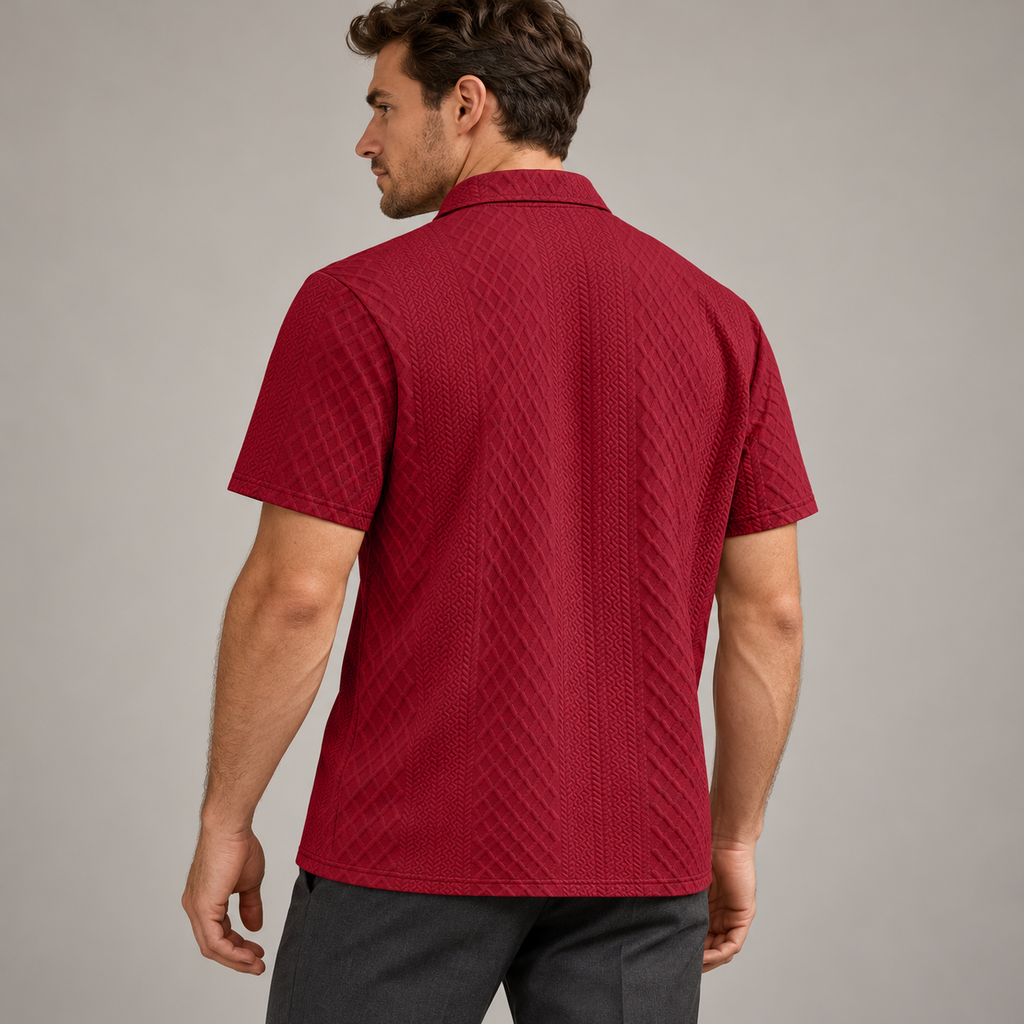 Burgundy geometric jacquard polo shirt, studio back view