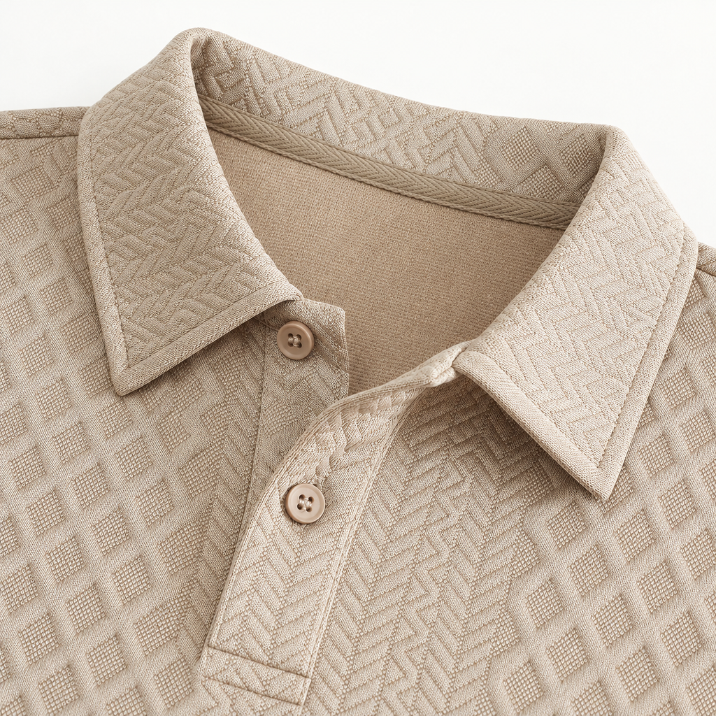 Khaki polo self-fabric collar and two-button placket detail