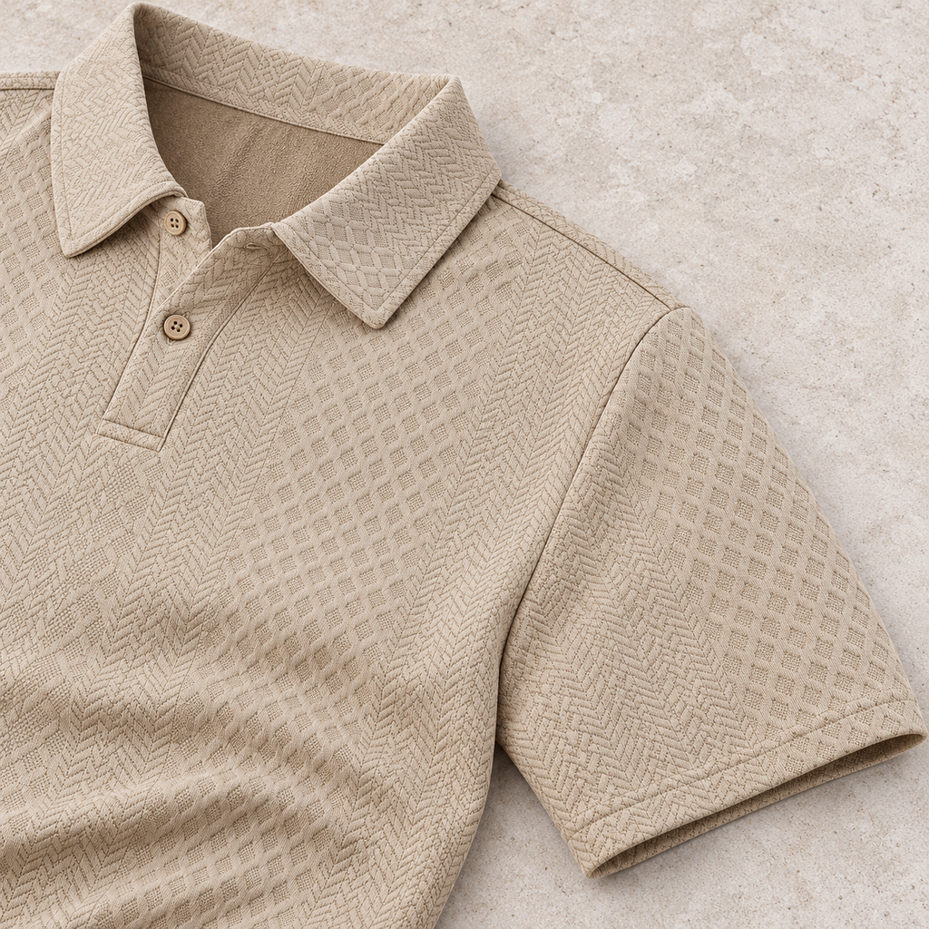 Khaki polo short sleeve and shoulder construction