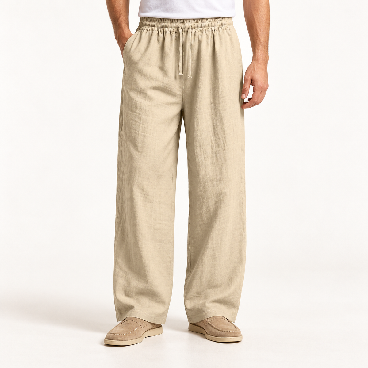 Khaki linen-blend relaxed straight-leg pants, studio front view
