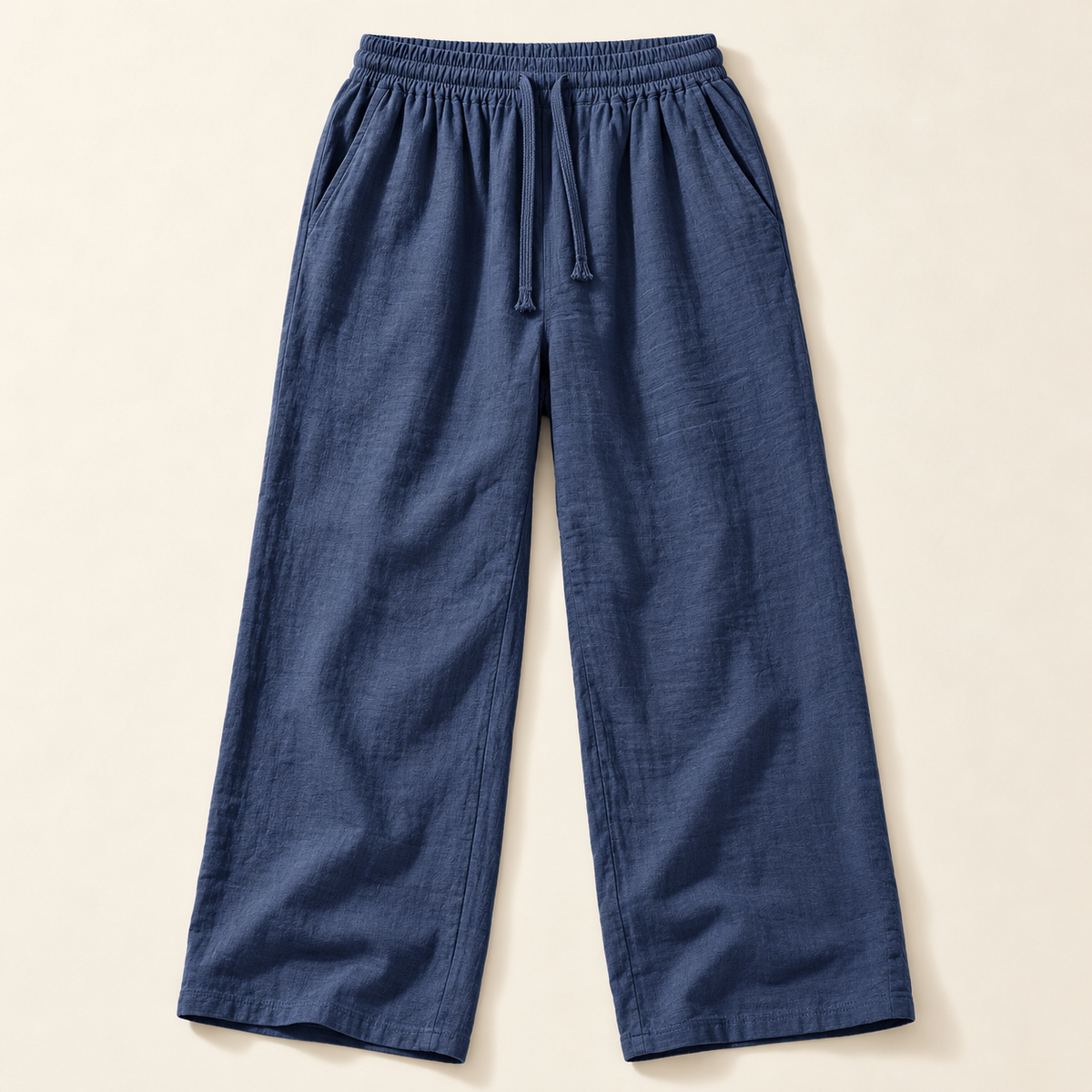 Navy blue linen-blend drawstring pants, flat lay